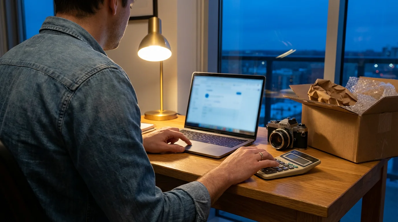 Over-the-shoulder view of a person at a desk calculating profits for a vintage camera.
