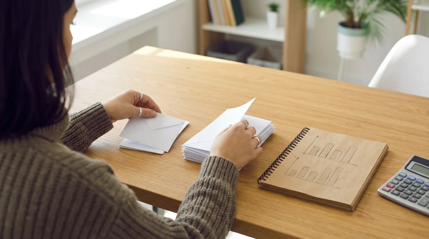 Over-the-shoulder view of a person at a desk sorting envelopes representing financial debt.