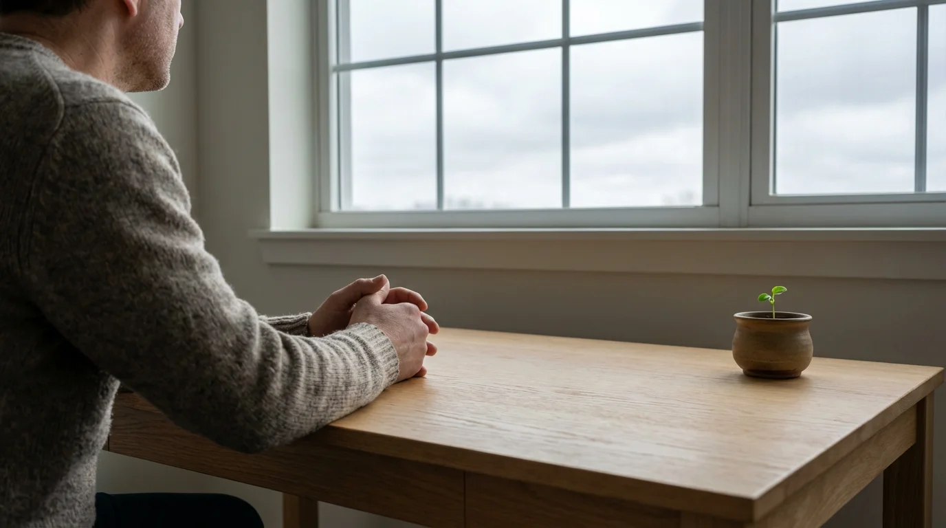 Over-the-shoulder view of a person at a clean desk with a small plant.
