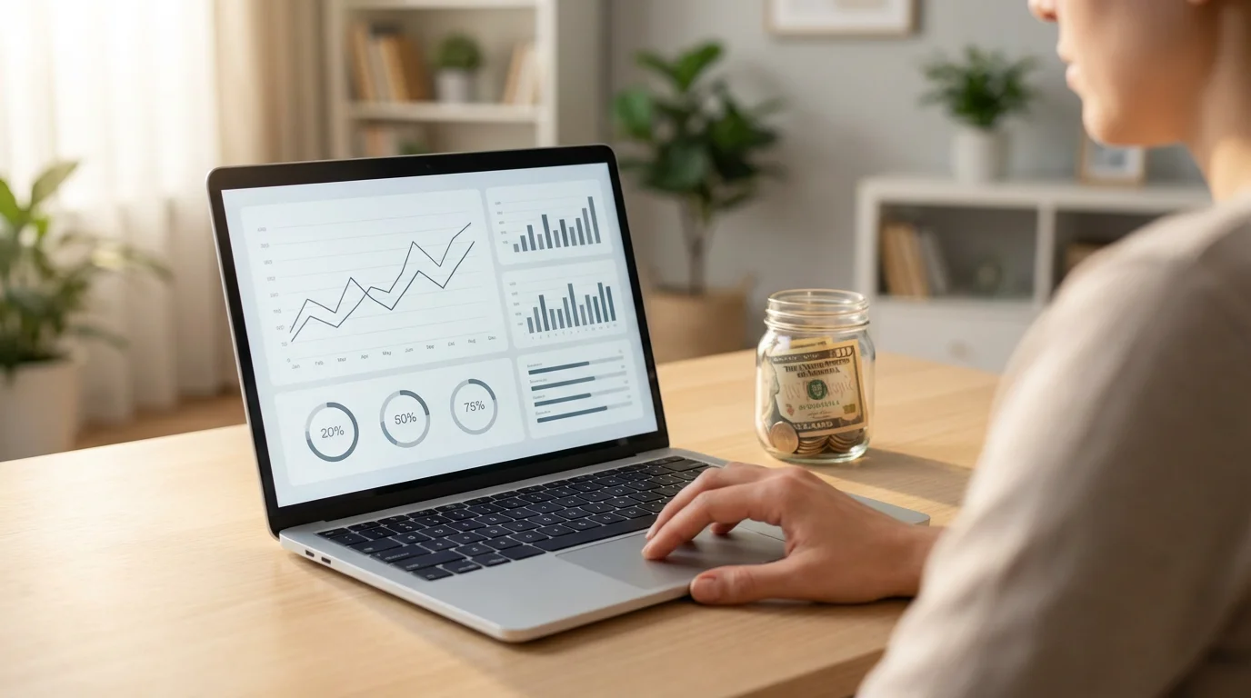 Over-the-shoulder view of a person at a desk planning future savings on a laptop.