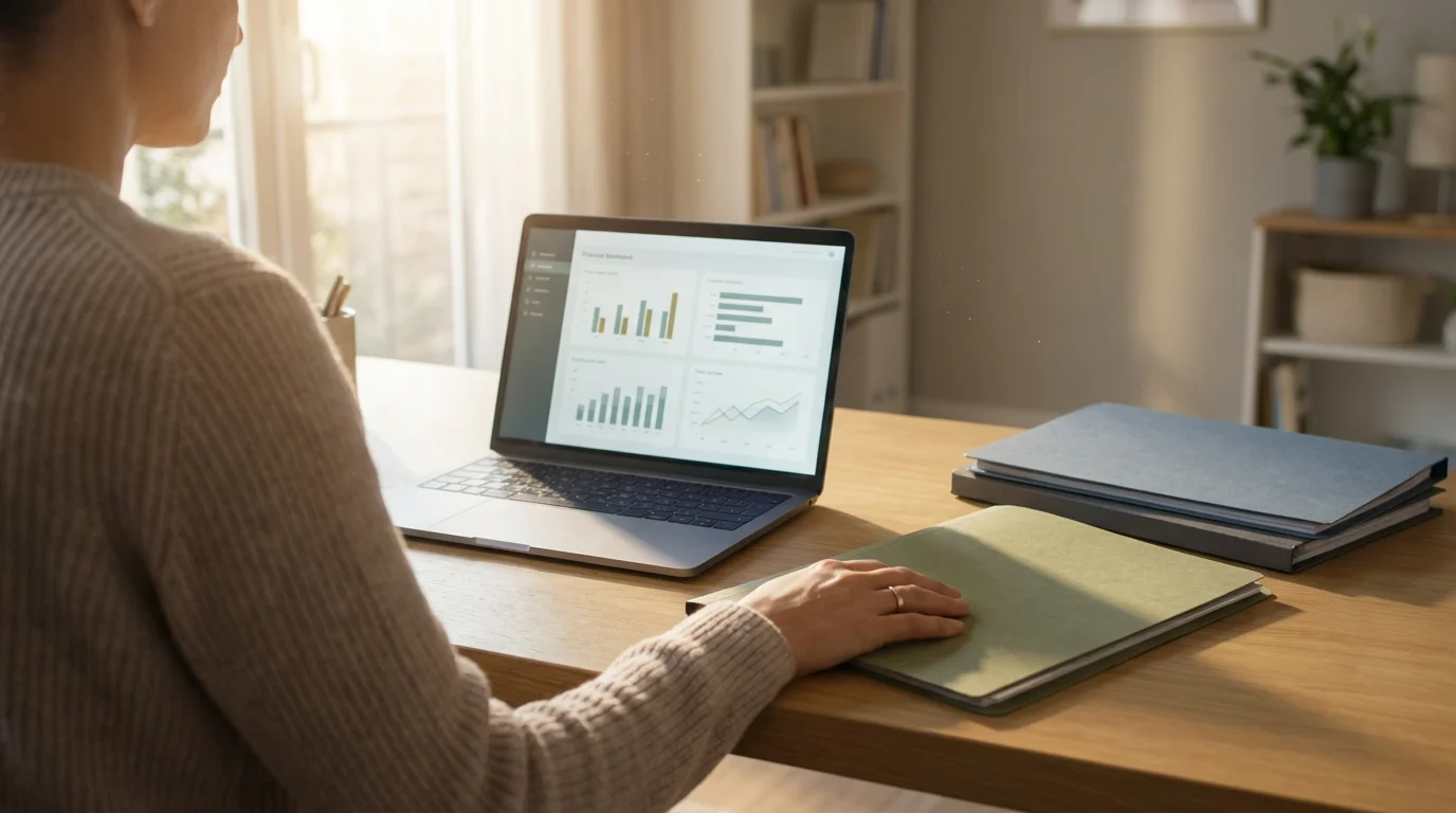 Over-the-shoulder view of a person at a desk choosing a financial savings plan folder.