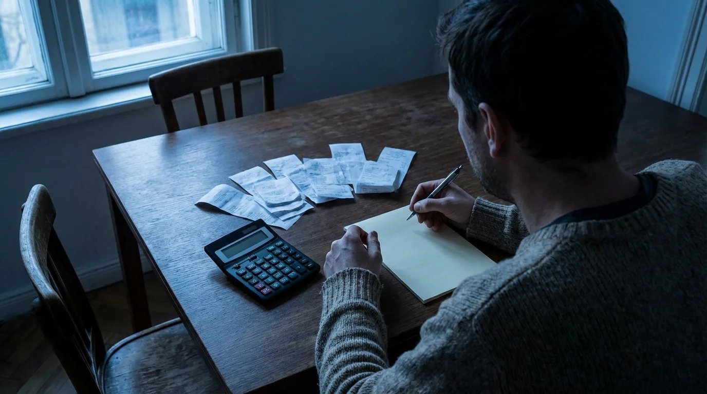 Over-the-shoulder view of a person at a table with receipts contemplating a blank notepad.