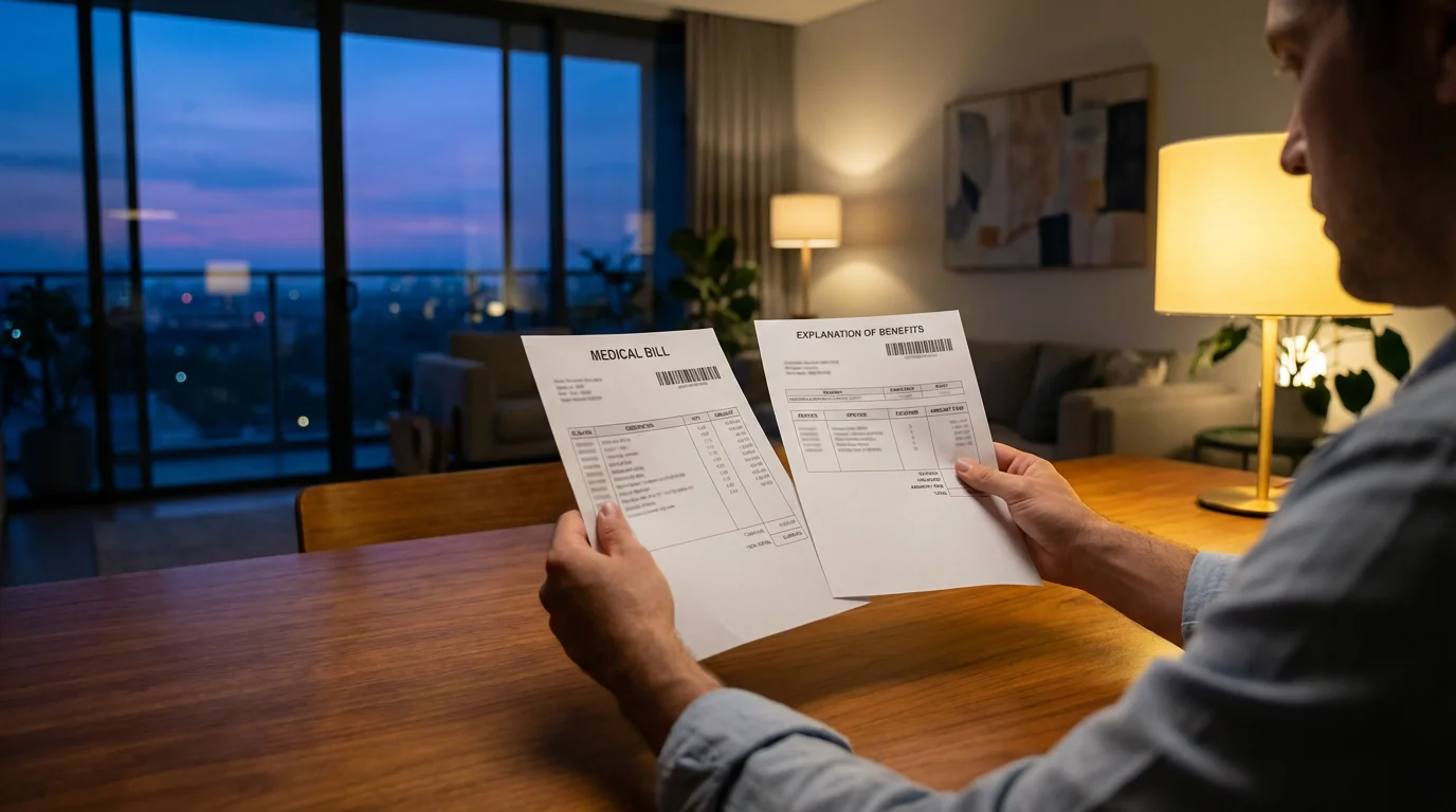 Over-the-shoulder view of a person calmly reviewing generic medical paperwork during blue hour.