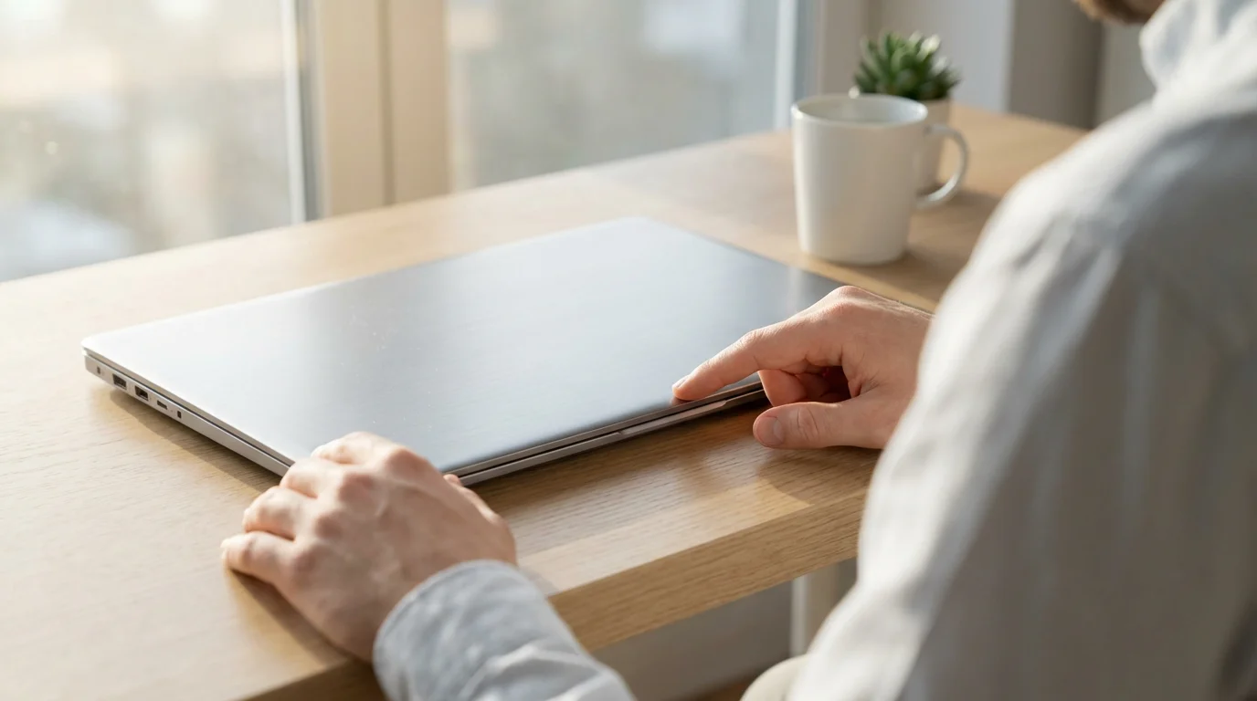 Over-the-shoulder view of a person carefully inspecting a refurbished laptop at a desk.