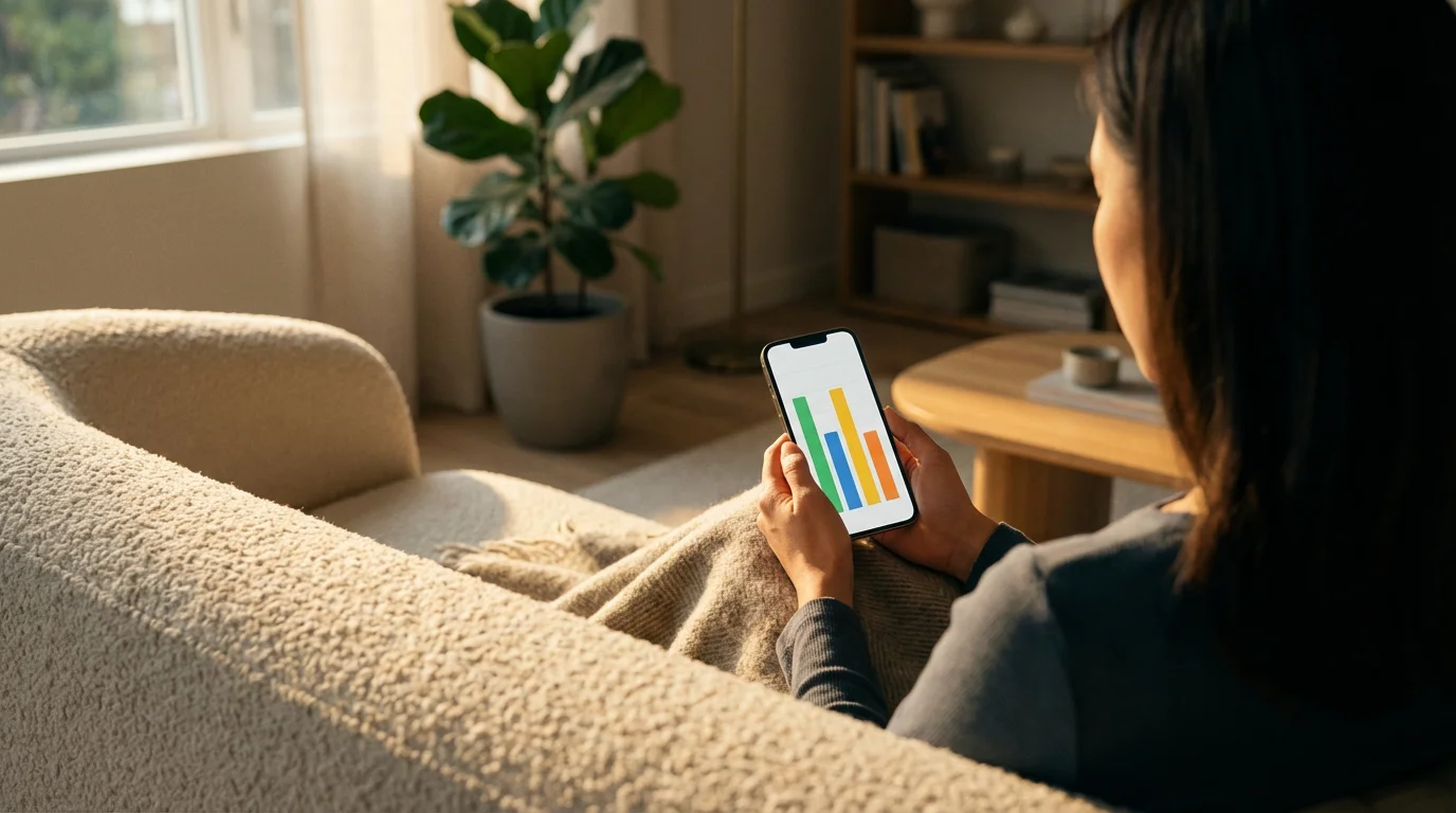 Over-the-shoulder view of a person checking a budgeting app on a smartphone at home.
