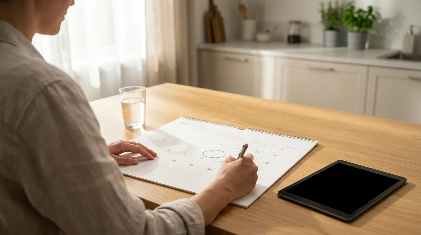 Over-the-shoulder view of a person circling a date on a large calendar.