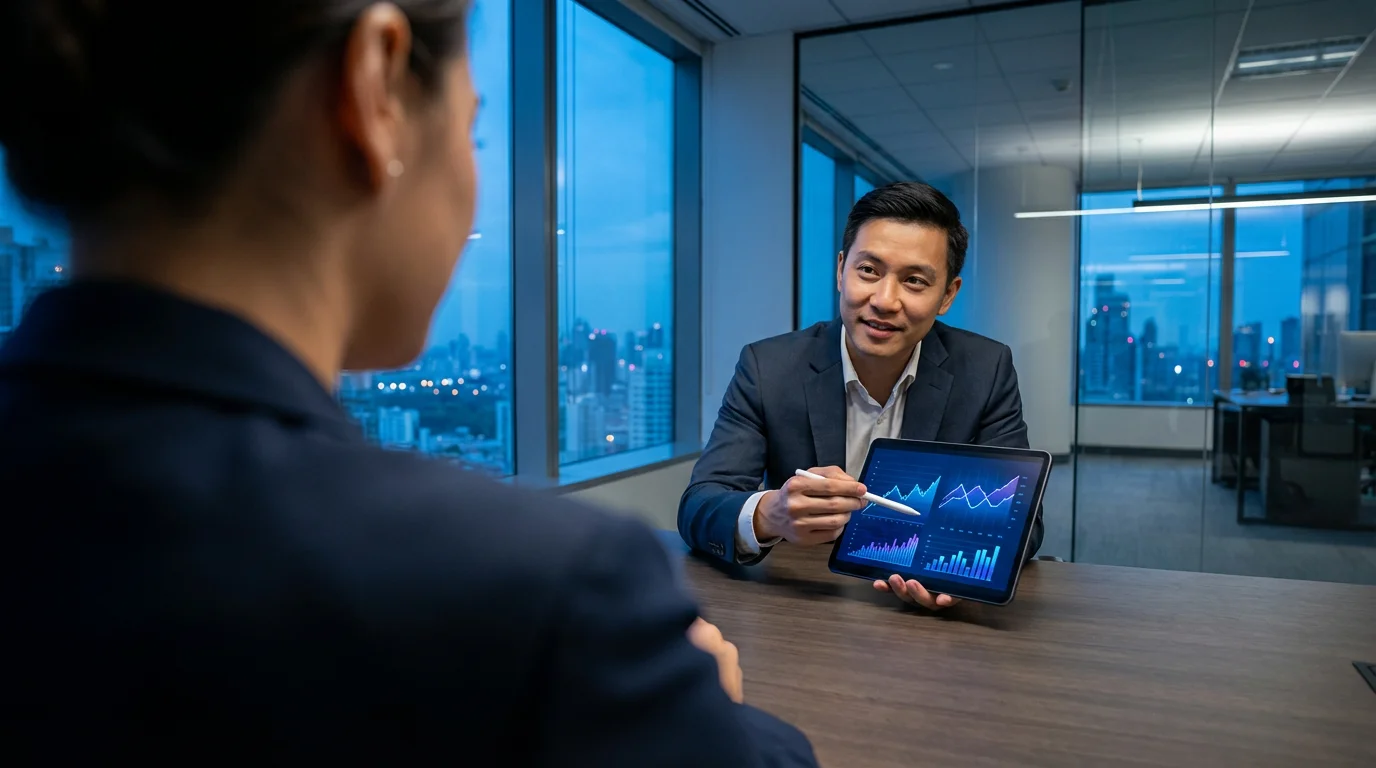 Over-the-shoulder view of a person consulting with a financial professional in a modern office.