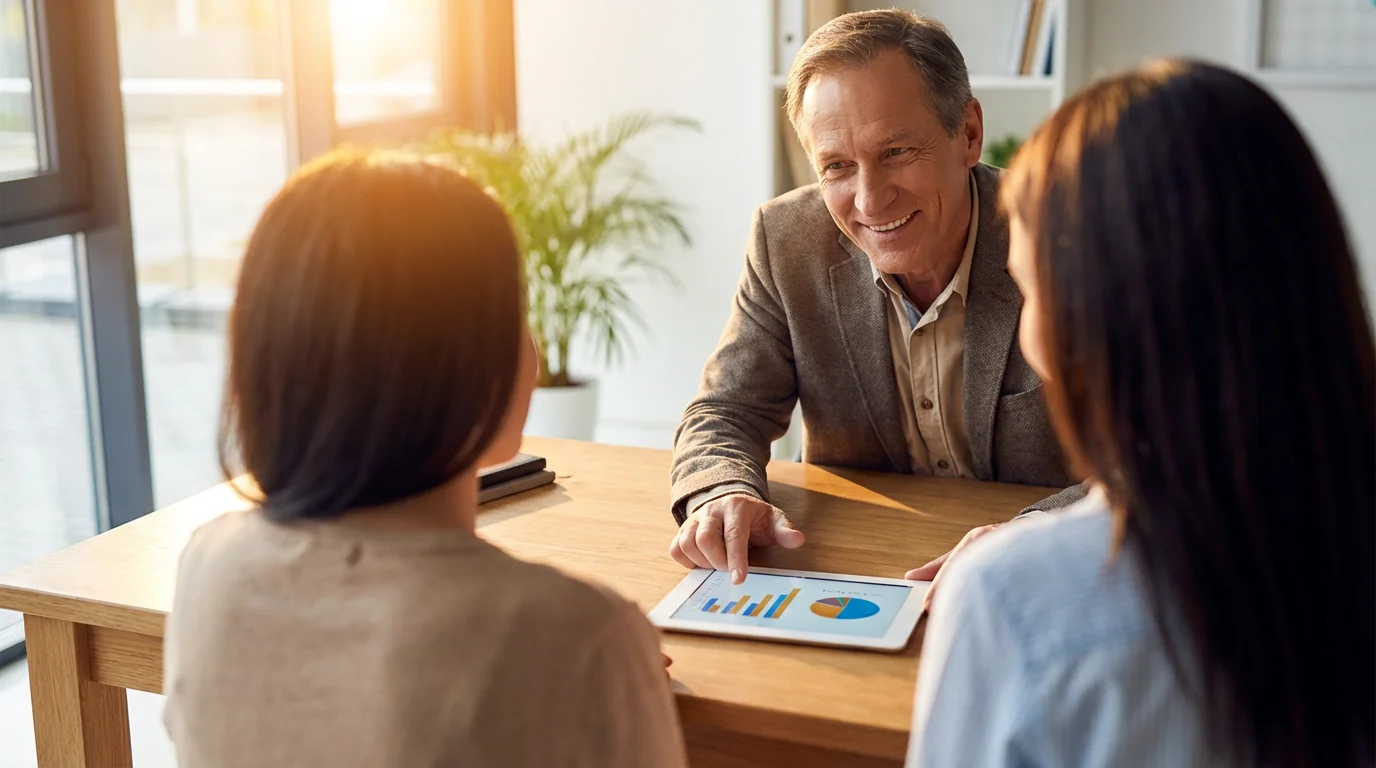 Over-the-shoulder view of a person consulting a financial advisor in a sunlit office.