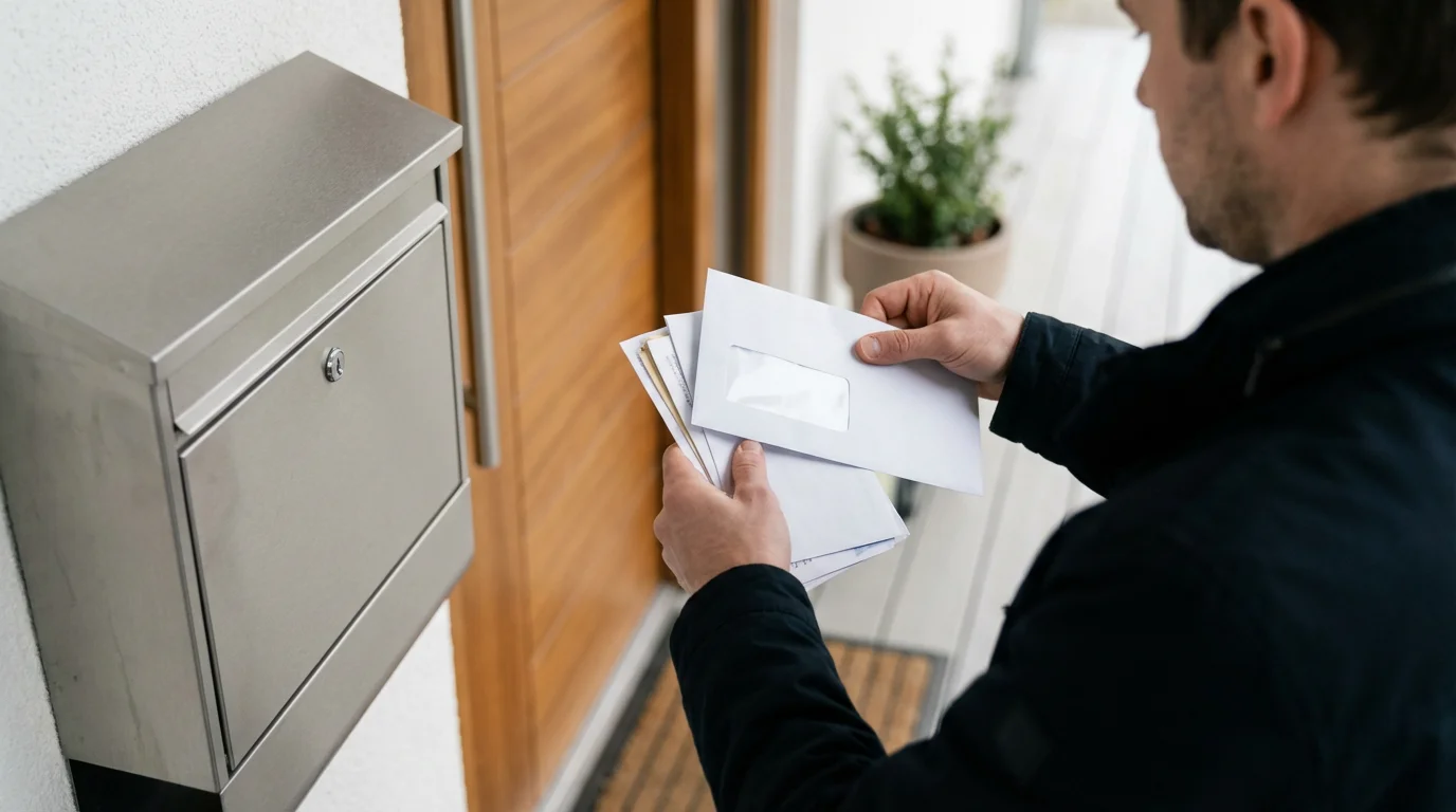 Over-the-shoulder view of a person discreetly hiding an envelope from a stack of mail.