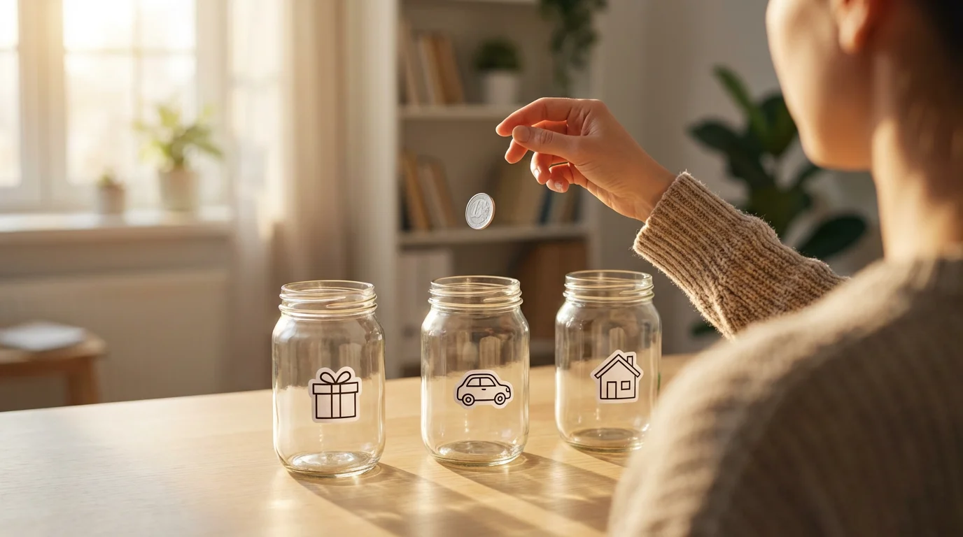 Over-the-shoulder view of a person dropping a coin into a glass savings jar.