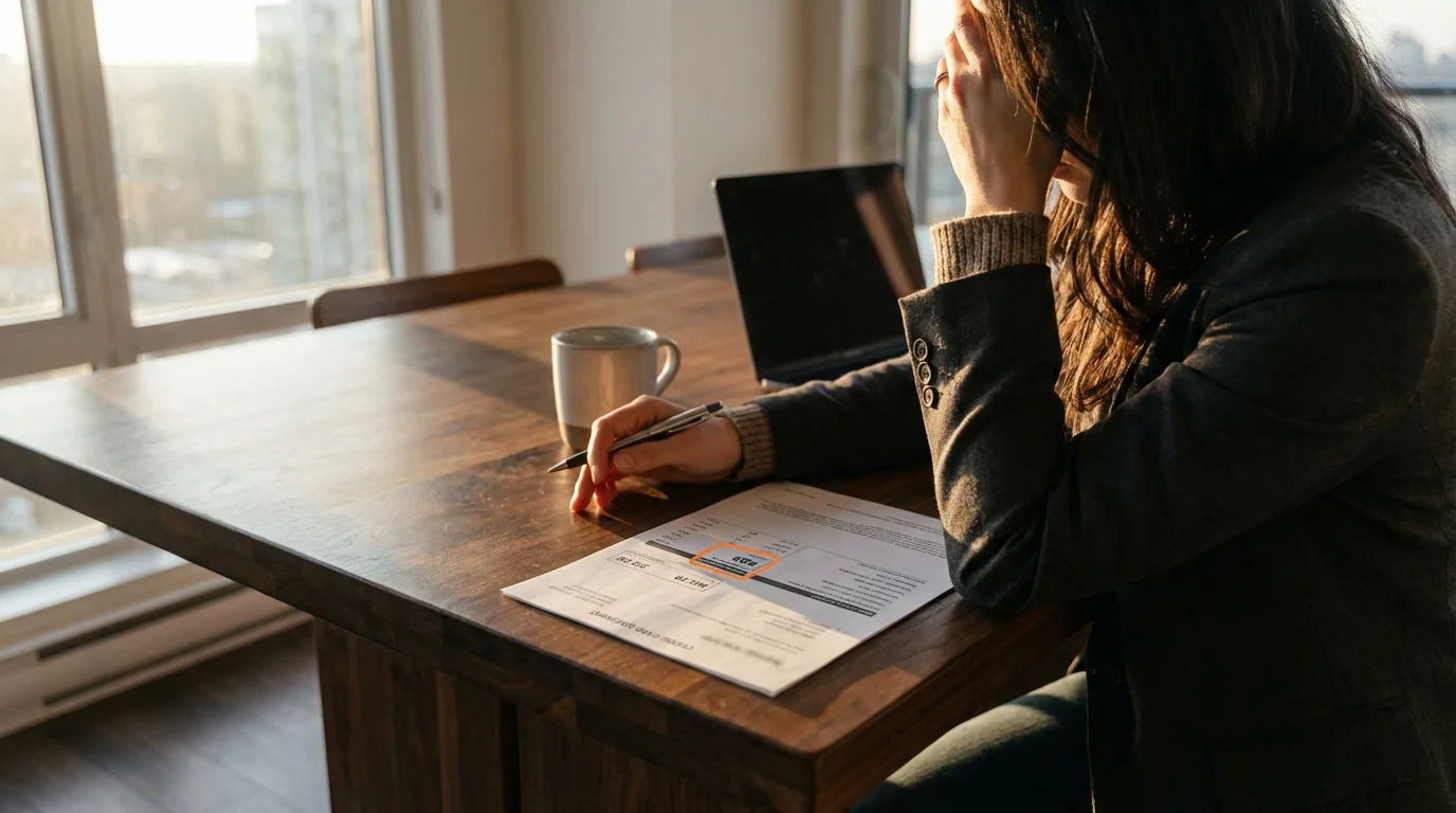 Over-the-shoulder view of a person hesitating before paying a credit card bill.