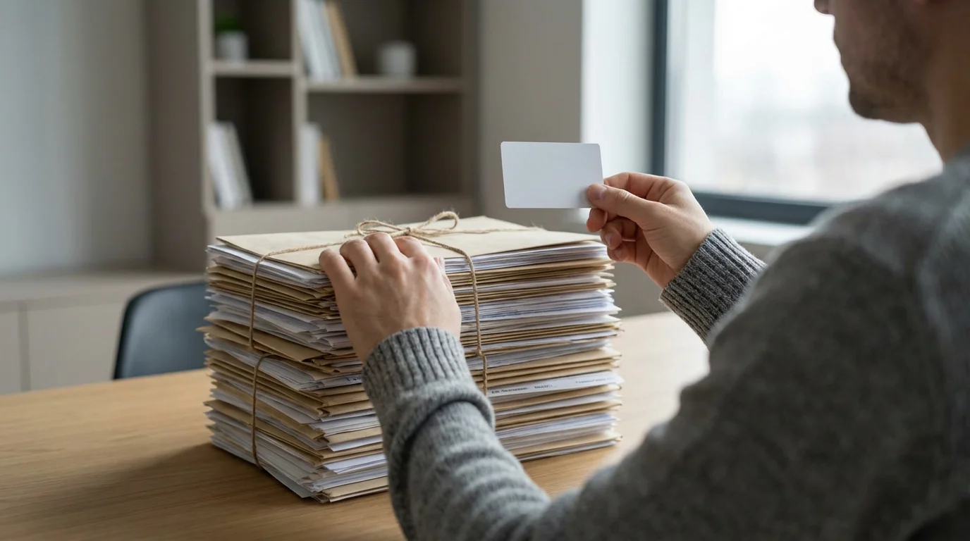 Over-the-shoulder view of a person holding a credit card over a tall stack of bills.