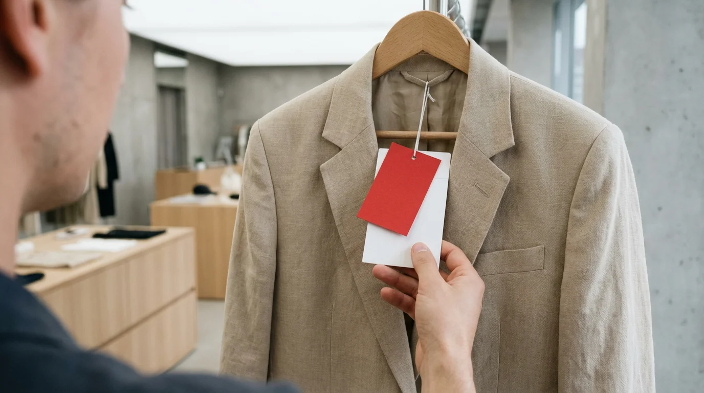 Over-the-shoulder view of a person holding a red and white price tag on a blazer.