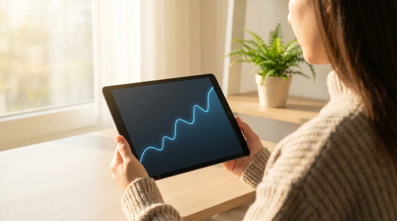 Over-the-shoulder view of a person holding a tablet showing an upward-trending investment chart.