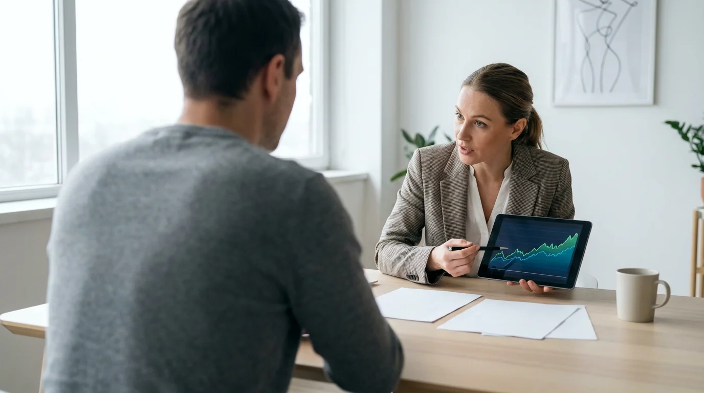 Over-the-shoulder view of a person in a consultation with a financial advisor.
