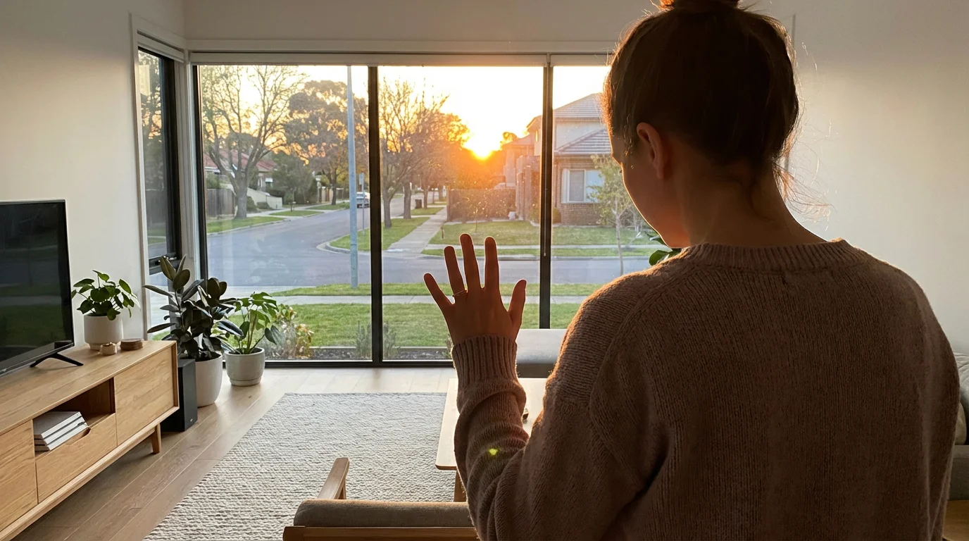 Over-the-shoulder view of a person looking out a window at a warm sunset.