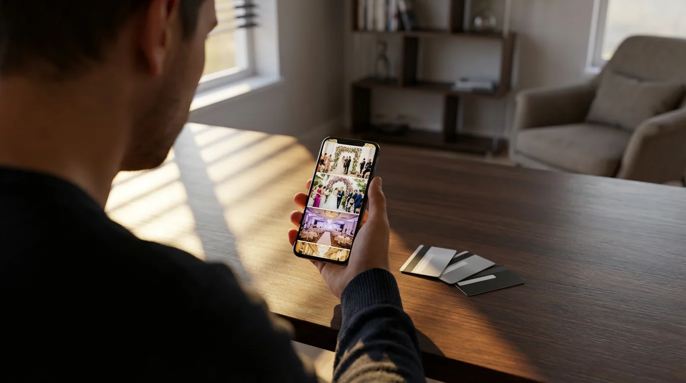 Over-the-shoulder view of a person looking at lavish wedding photos on a phone.