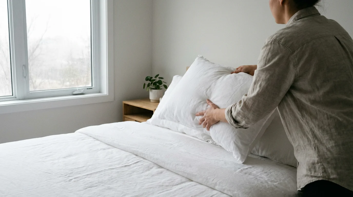 Over-the-shoulder view of a person making a bed in a modern guest rental room.