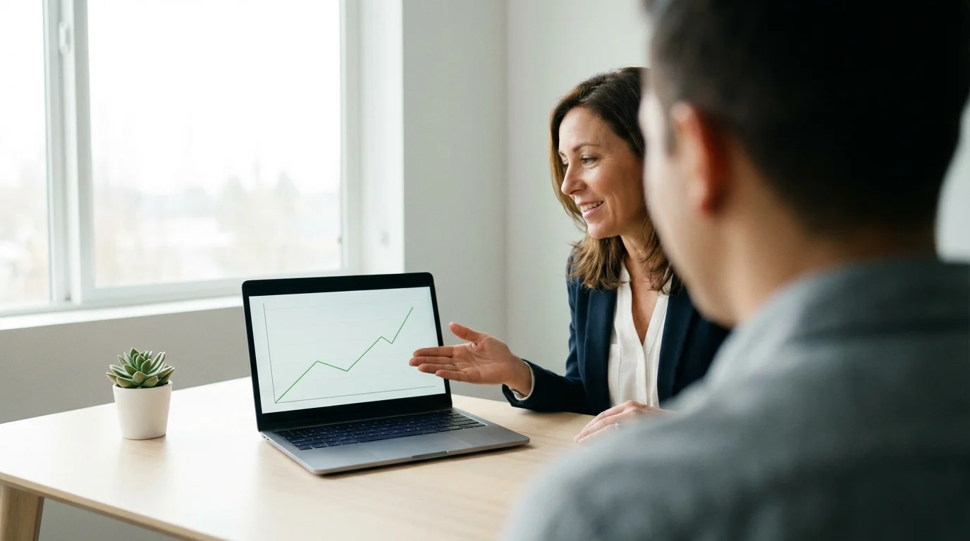 Over-the-shoulder view of a person meeting with a financial advisor in a modern office.