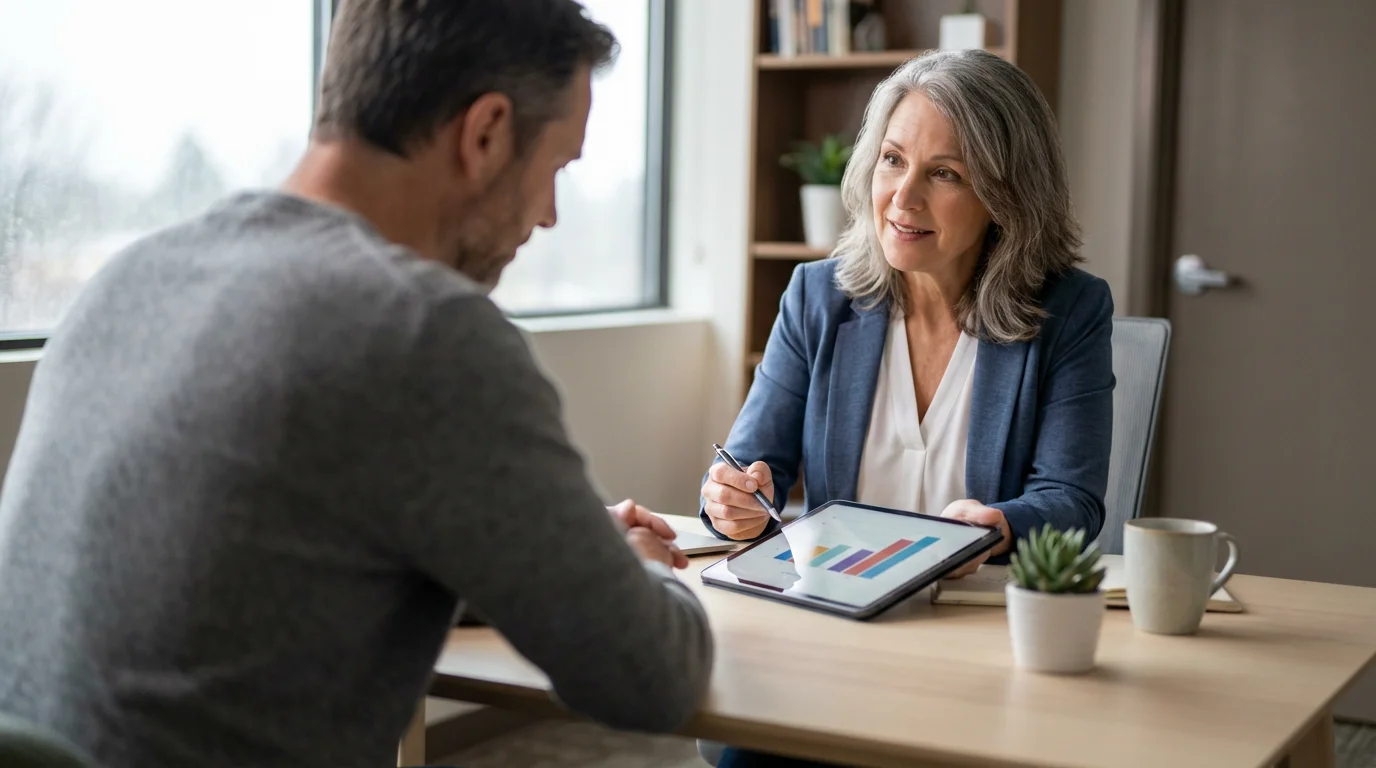 Over-the-shoulder view of a person meeting with a professional financial counselor in an office.