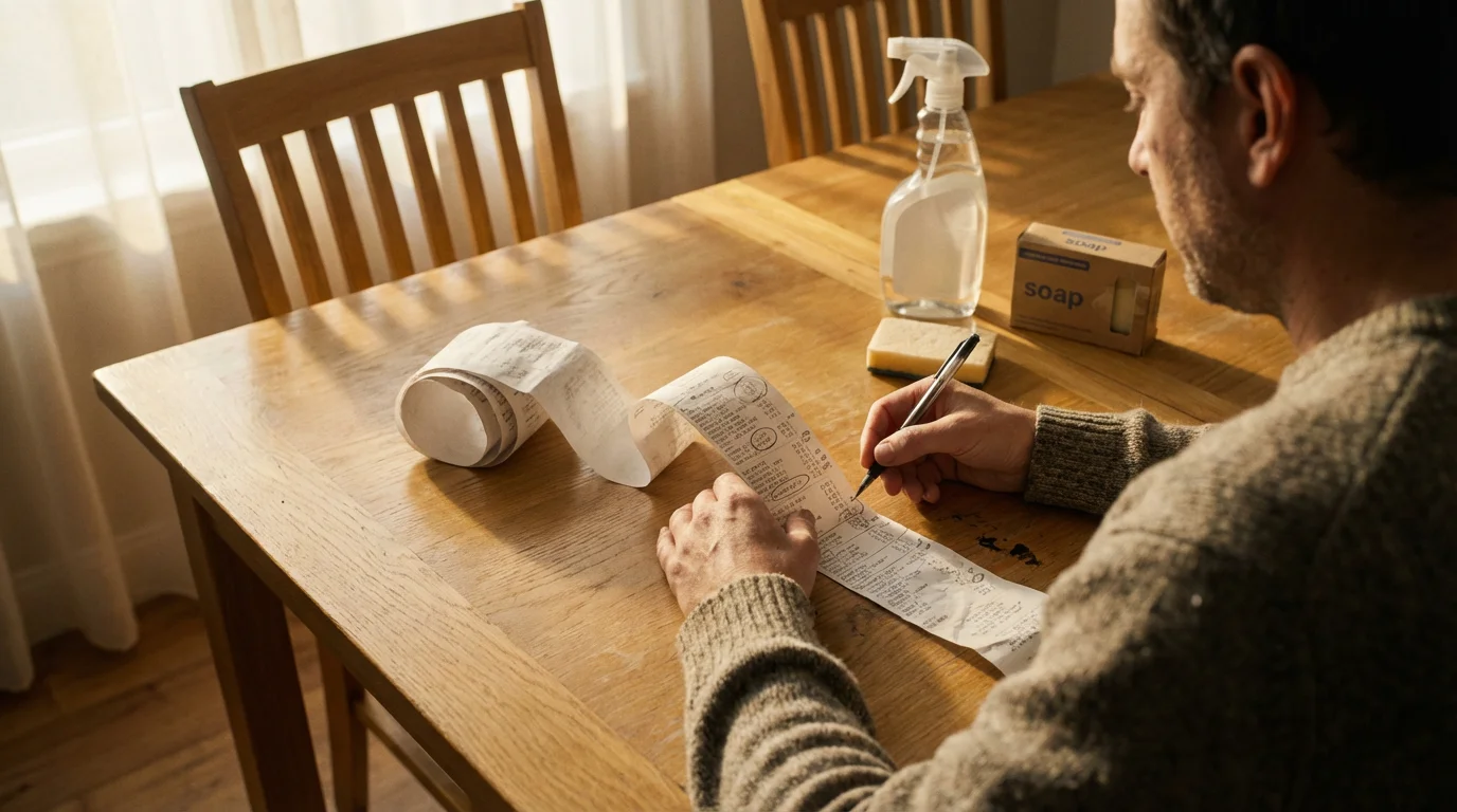 Over-the-shoulder view of a person meticulously organizing a long shopping receipt on a table.