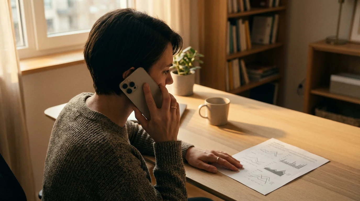 Over-the-shoulder view of a person on the phone at a desk during golden hour.