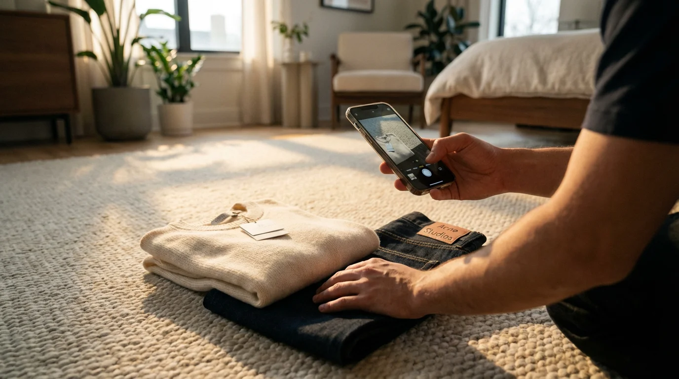 Over-the-shoulder view of a person photographing stylish clothing on the floor to sell online.
