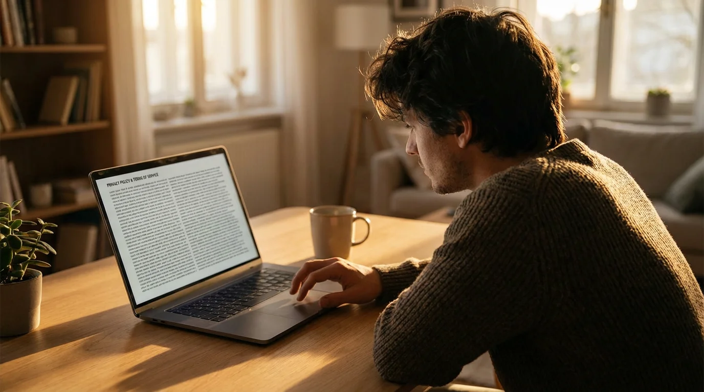 Over-the-shoulder view of a person reading a privacy policy on a laptop at sunset.