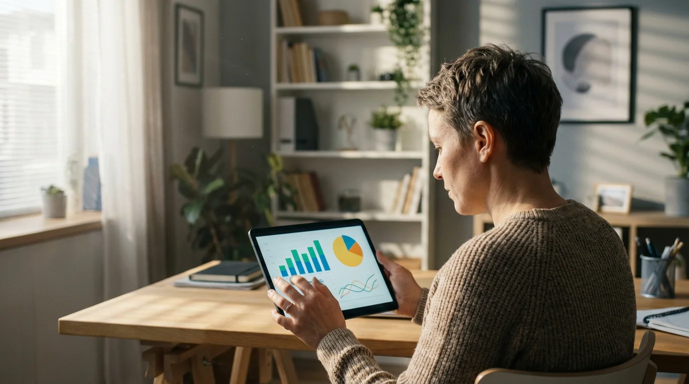 Over-the-shoulder view of a person reviewing abstract financial charts on a tablet at home.