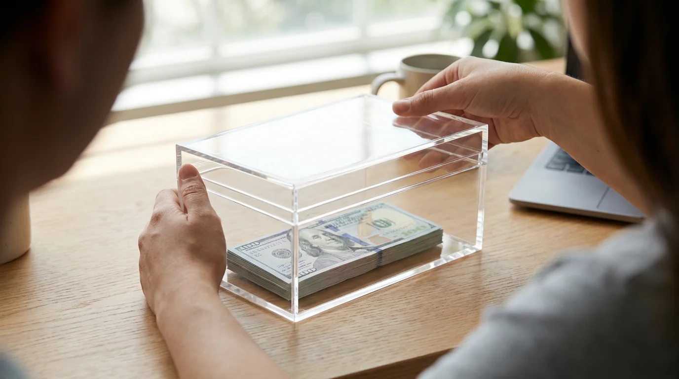 Over-the-shoulder view of a person securing a clear box filled with money.