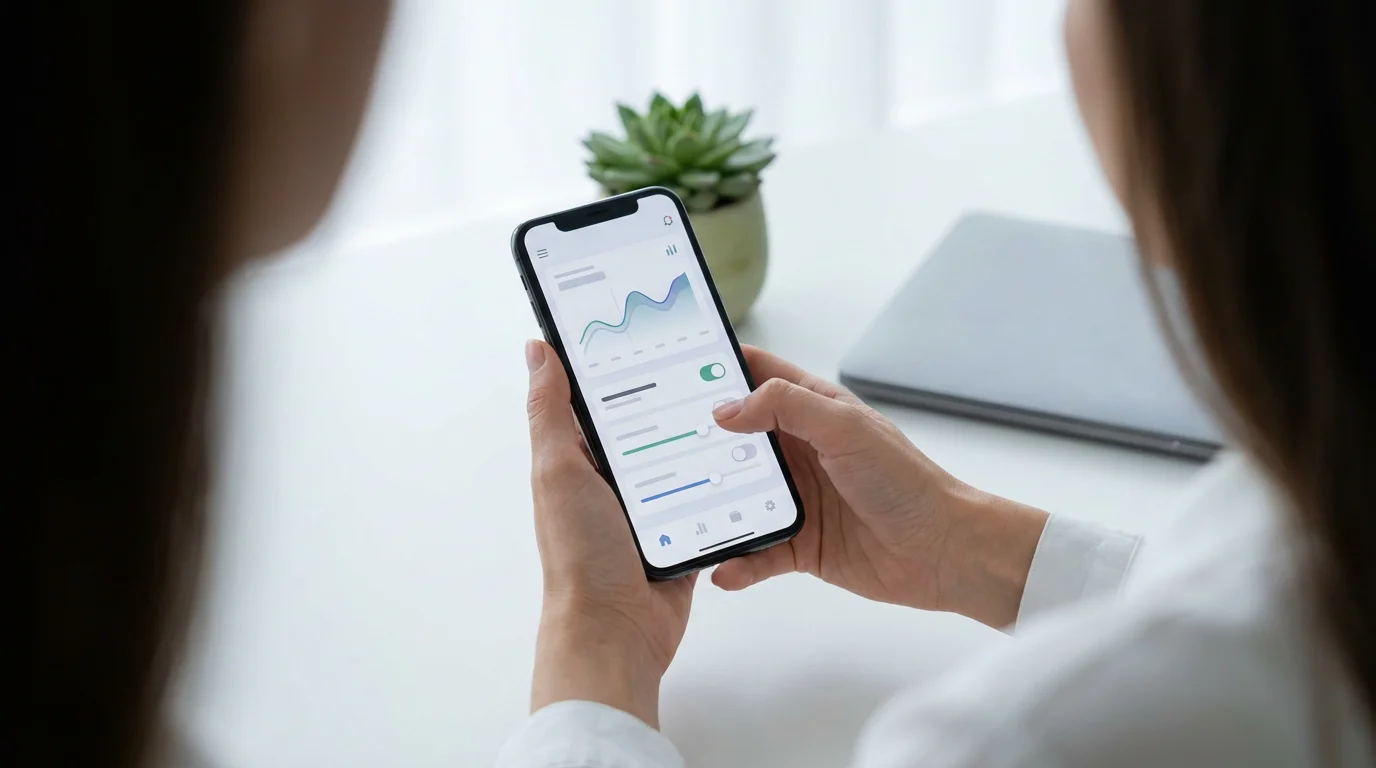 Over-the-shoulder view of a person setting up autopay on a smartphone banking app.