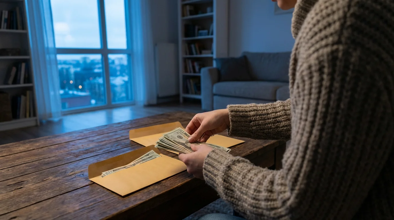 Over-the-shoulder view of a person sorting cash into budgeting envelopes on a table at dusk.
