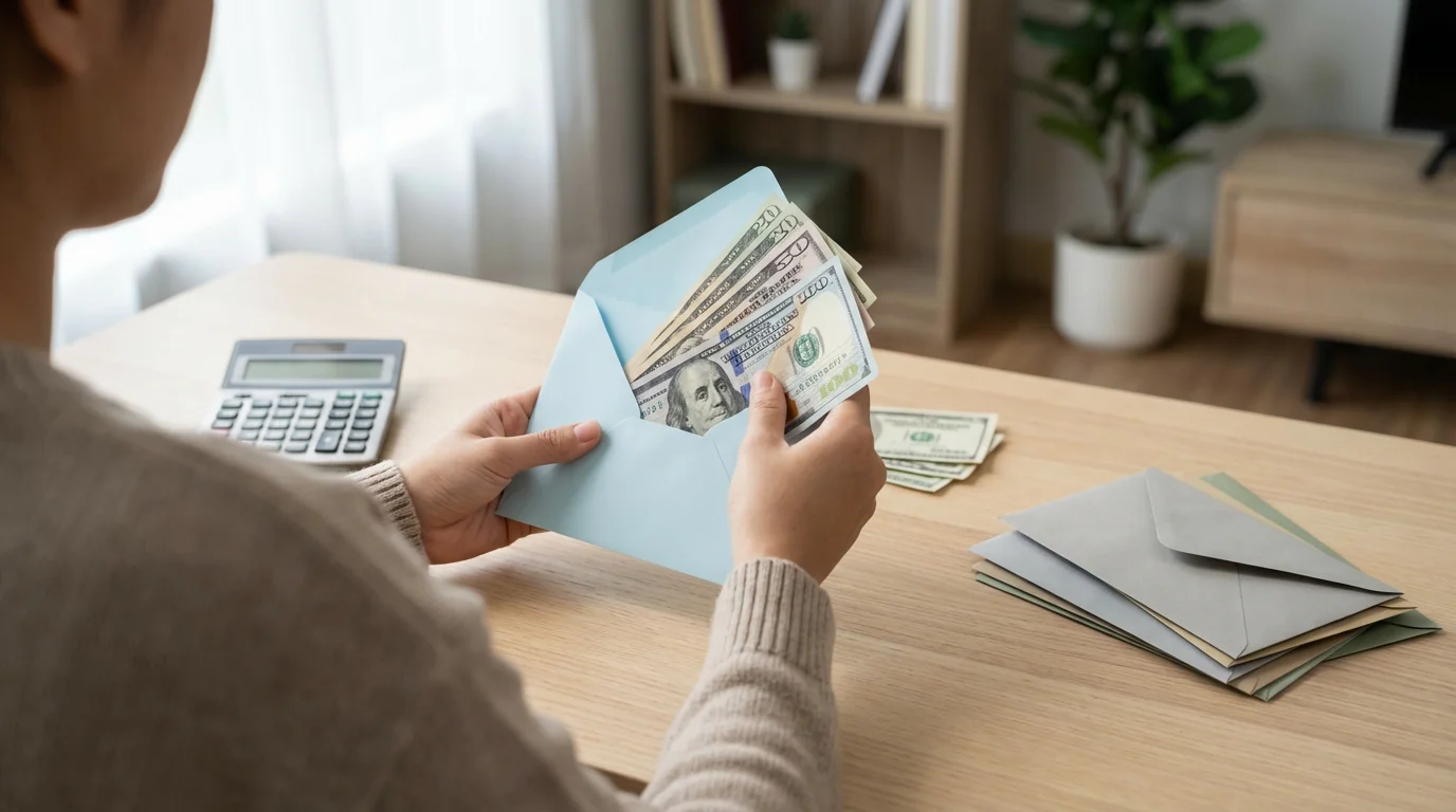 Over-the-shoulder view of a person stuffing cash into colorful budgeting envelopes on a desk.