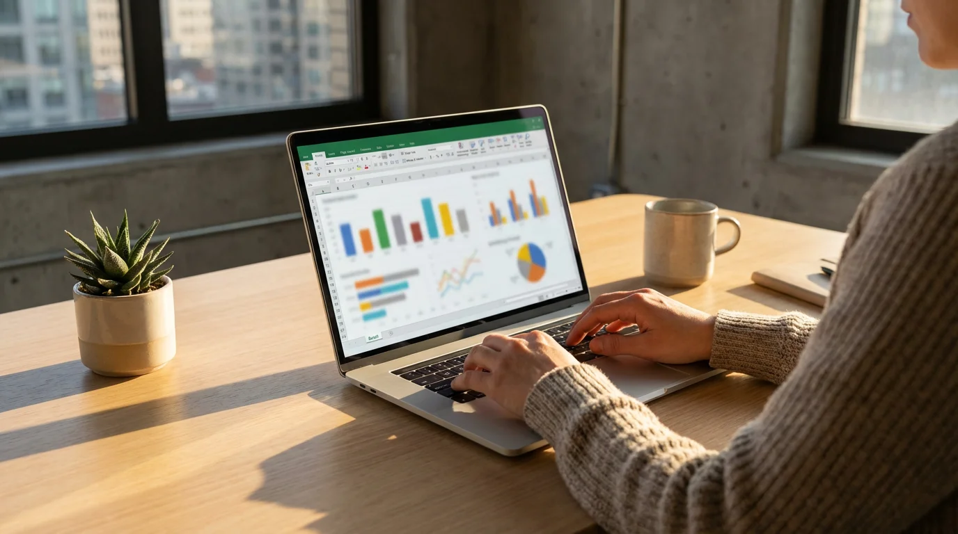 Over-the-shoulder view of a person using a budget spreadsheet on a laptop in afternoon light.