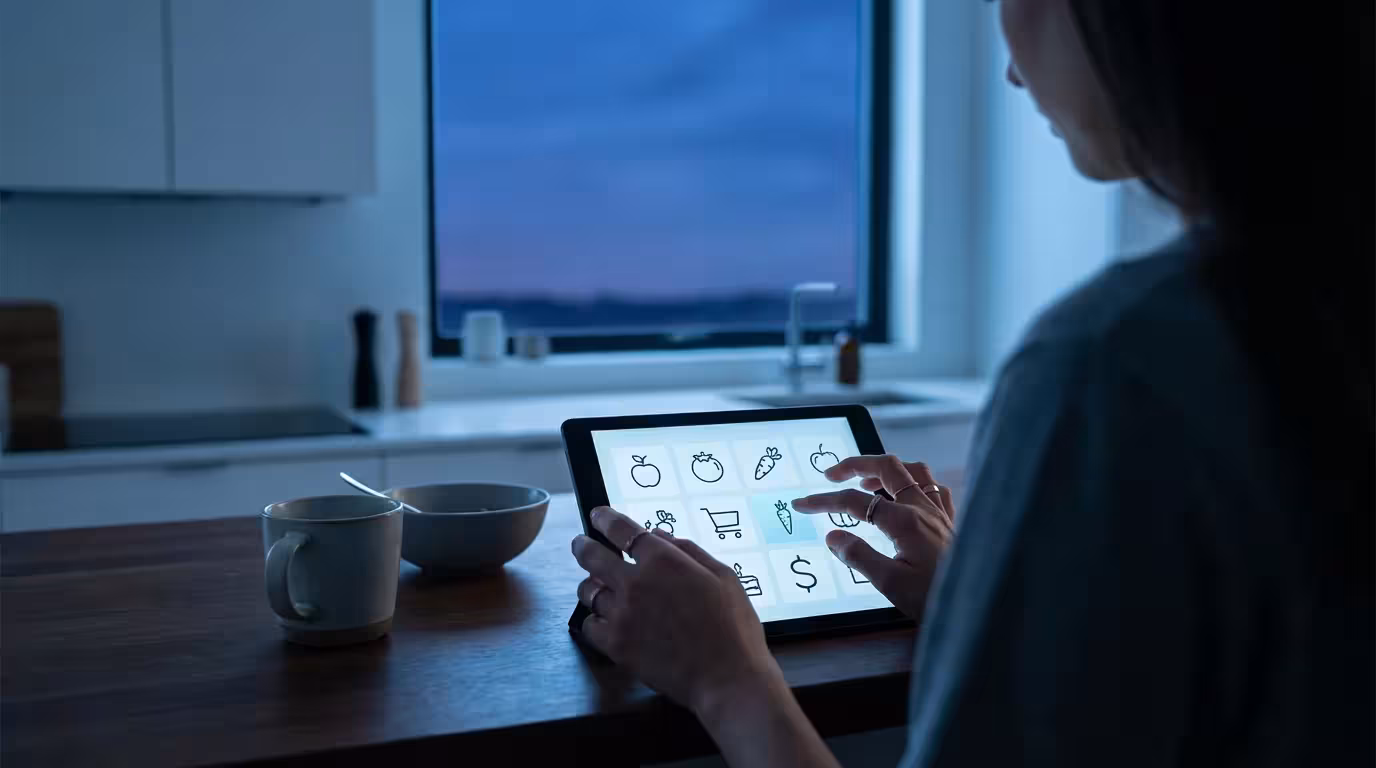 Over-the-shoulder view of a person using a tablet to plan a budget at dusk.