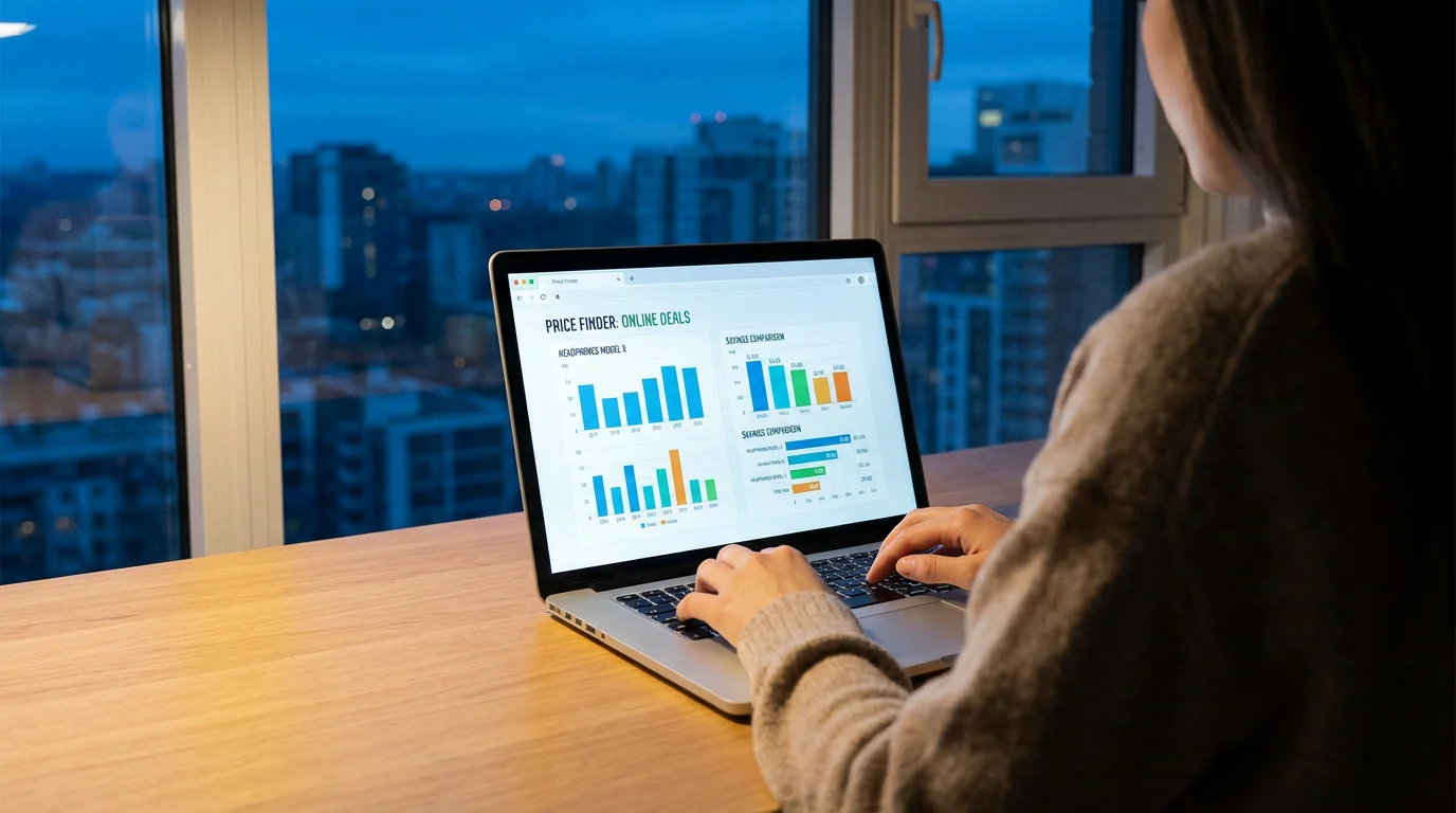 Over-the-shoulder view of a person using a laptop to compare prices online during twilight.