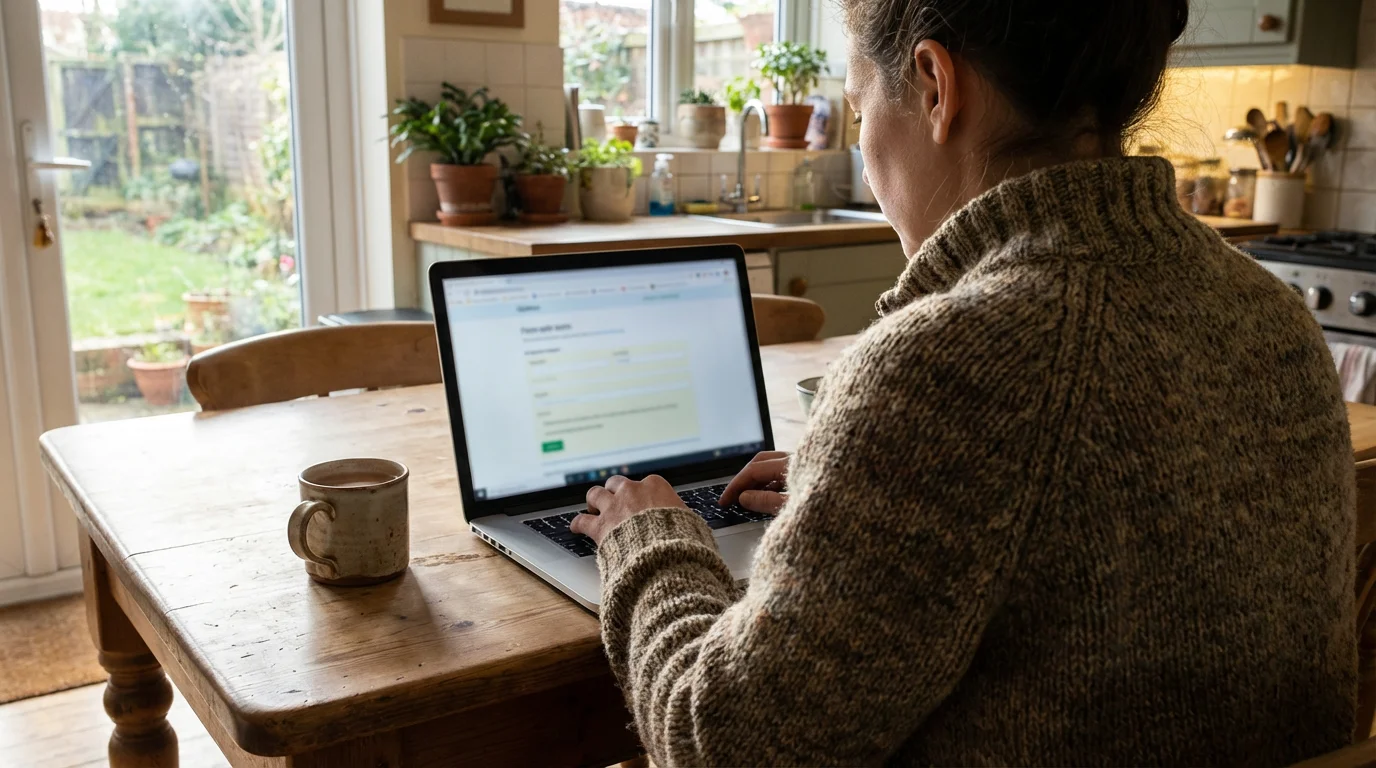 Over-the-shoulder view of a person using a laptop at a table by a window.