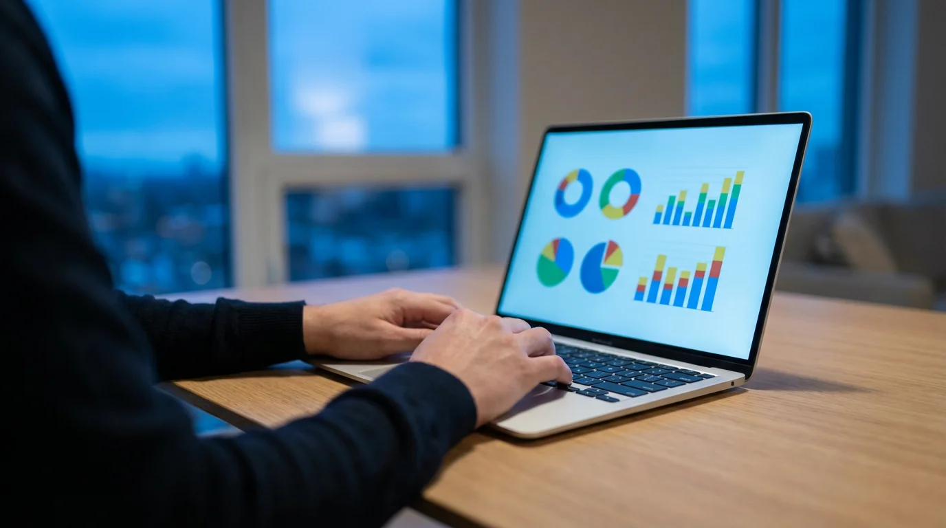 Over-the-shoulder view of a person using a laptop with budget charts during blue hour.