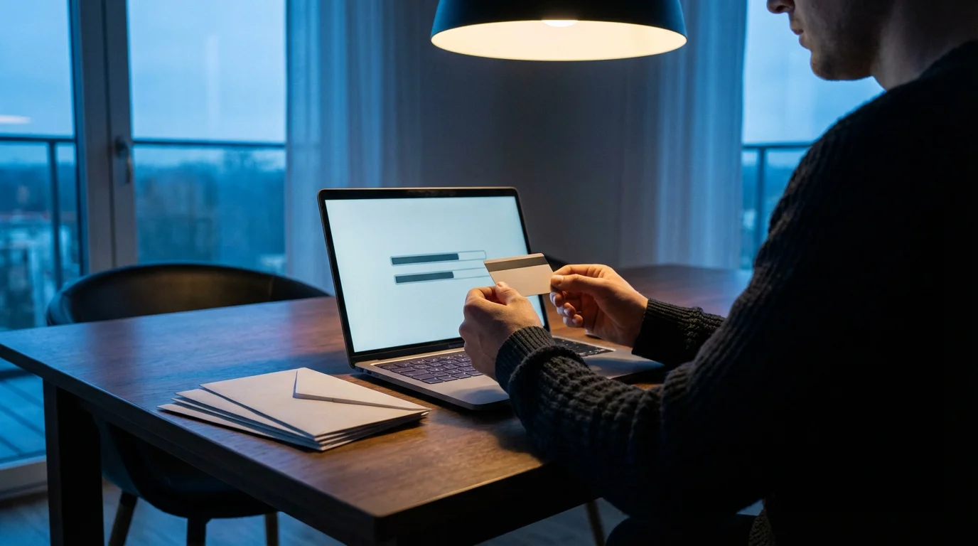 Over-the-shoulder view of a person using a laptop to pay off stacked bills.