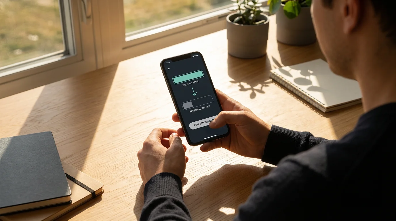 Over-the-shoulder view of a person using a banking app to transfer money between accounts.