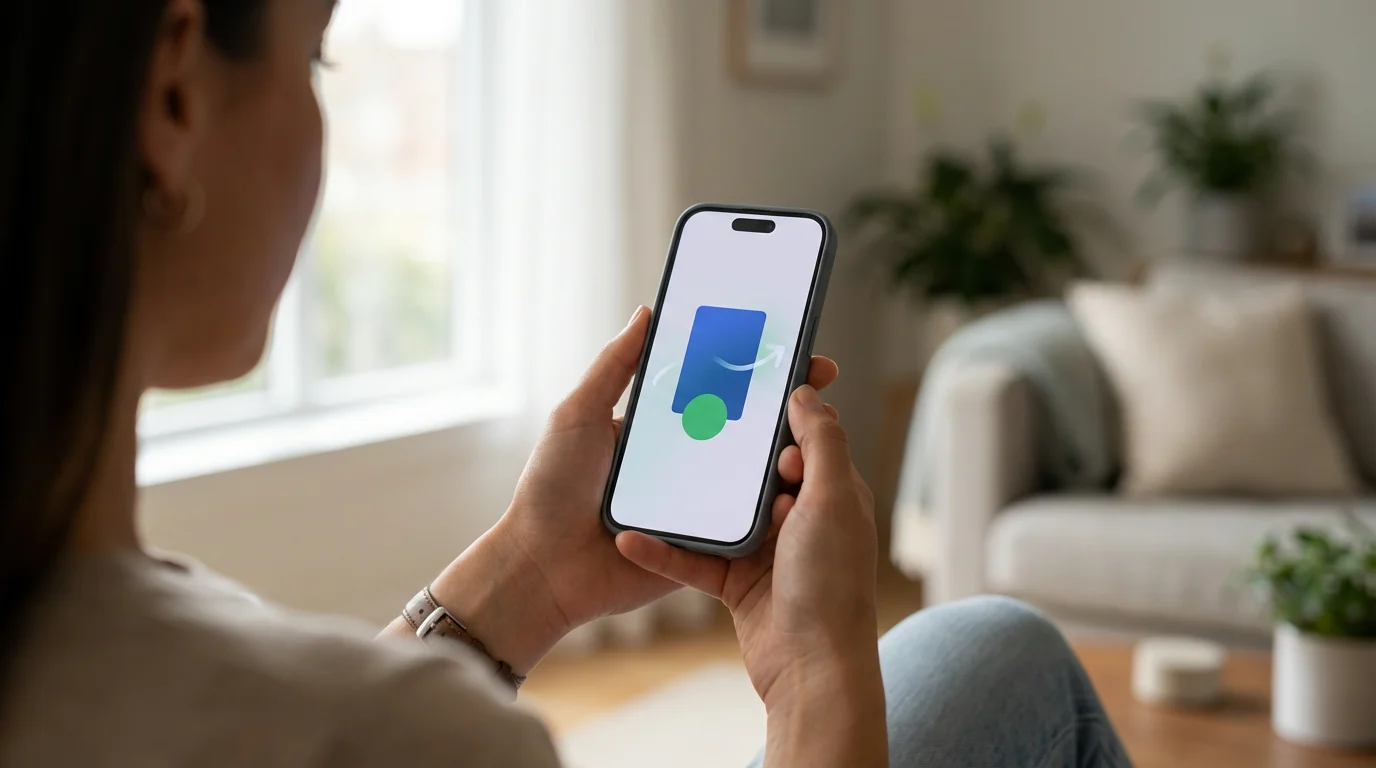 Over-the-shoulder view of a person using a smartphone to transfer money into savings.