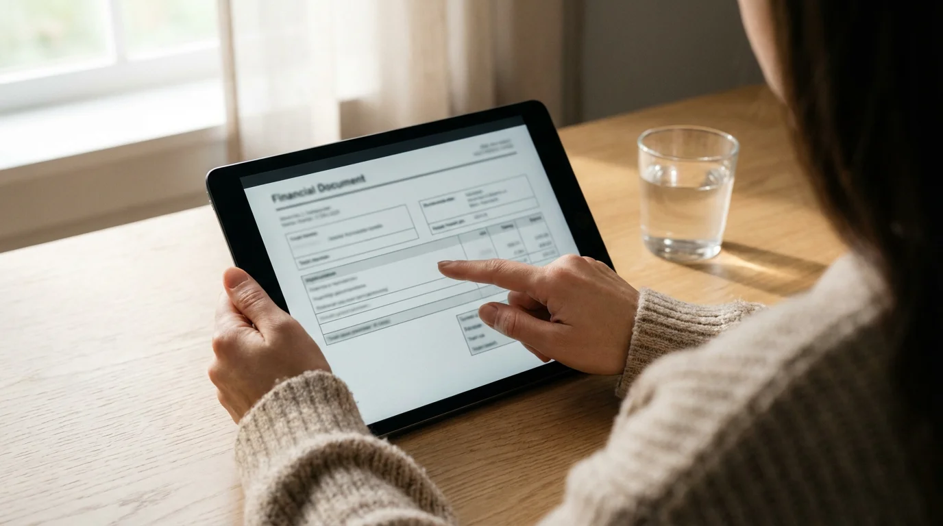 Over-the-shoulder view of a person using a tablet to review financial beneficiary forms.