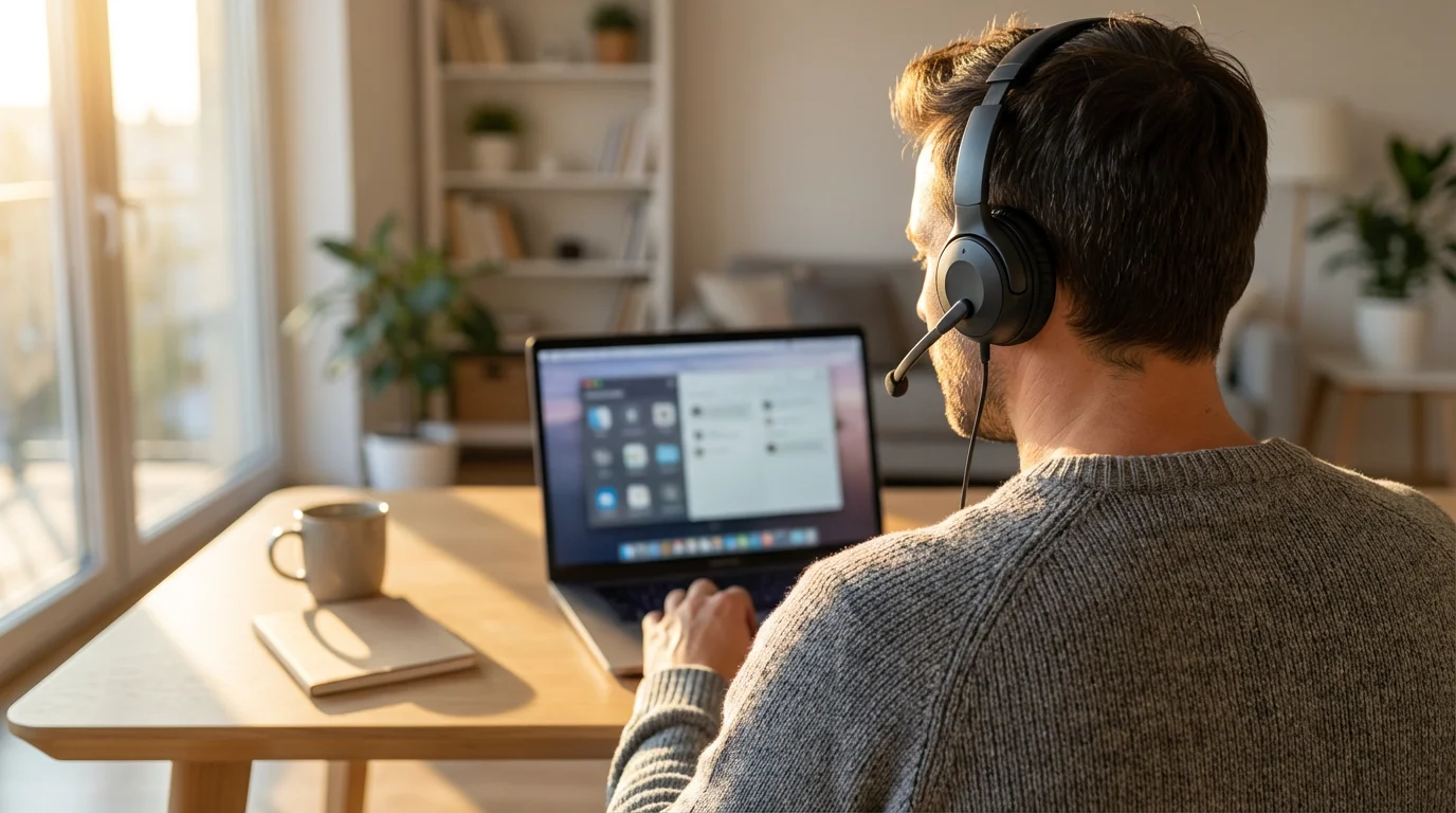 Over-the-shoulder view of a person with a headset working remotely on a laptop.