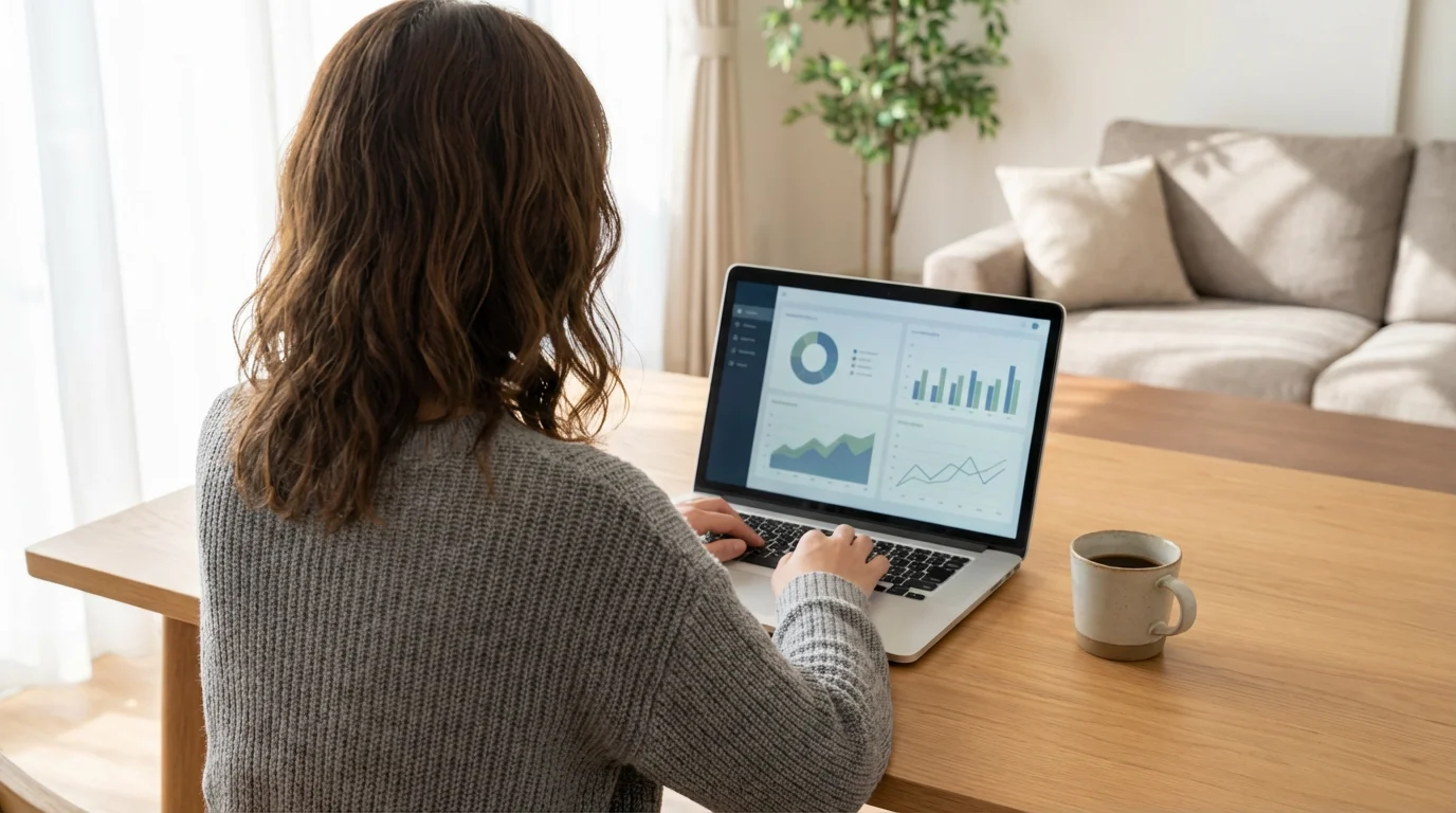 Over-the-shoulder view of a person working on a laptop with data charts.