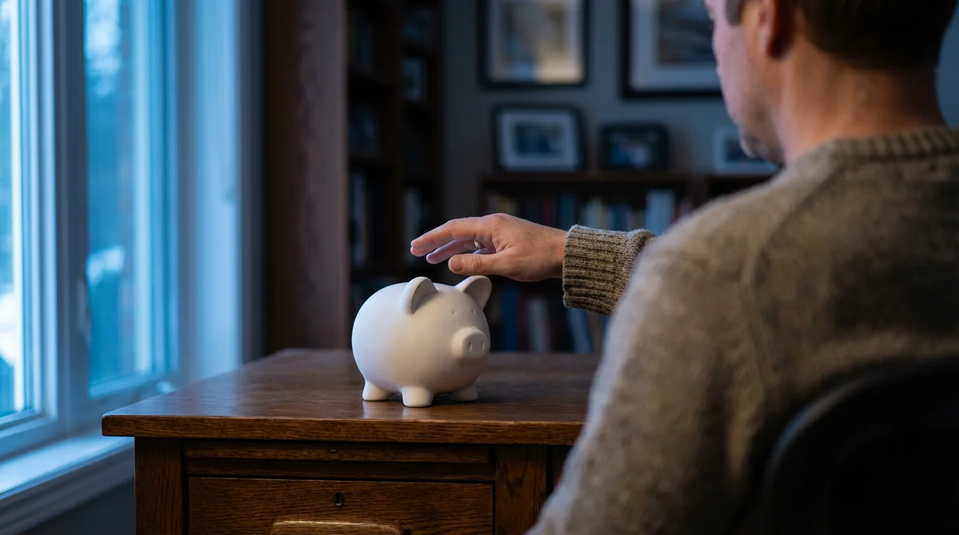 Over-the-shoulder view of a person's hand reaching hesitantly for a piggy bank at dusk.