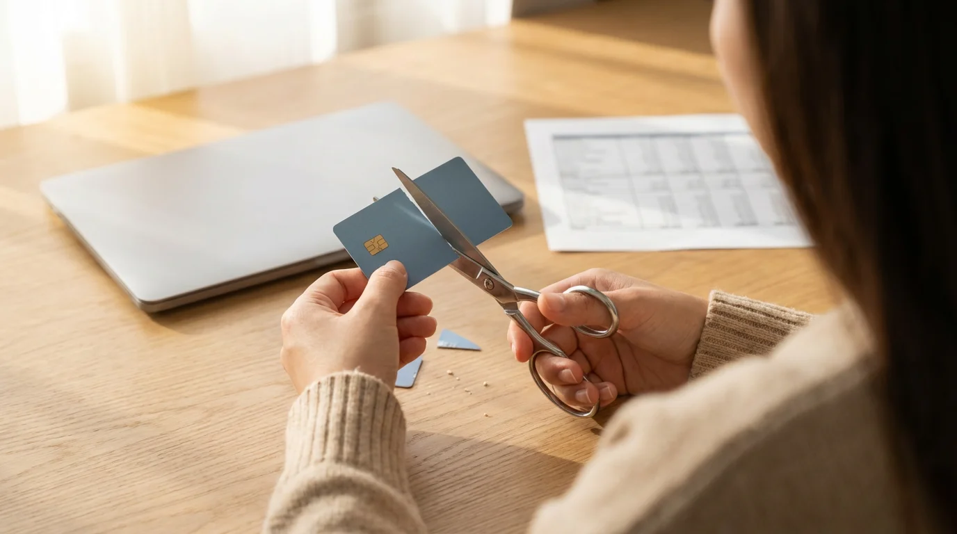 Over-the-shoulder view of a person's hands cutting a credit card with scissors.