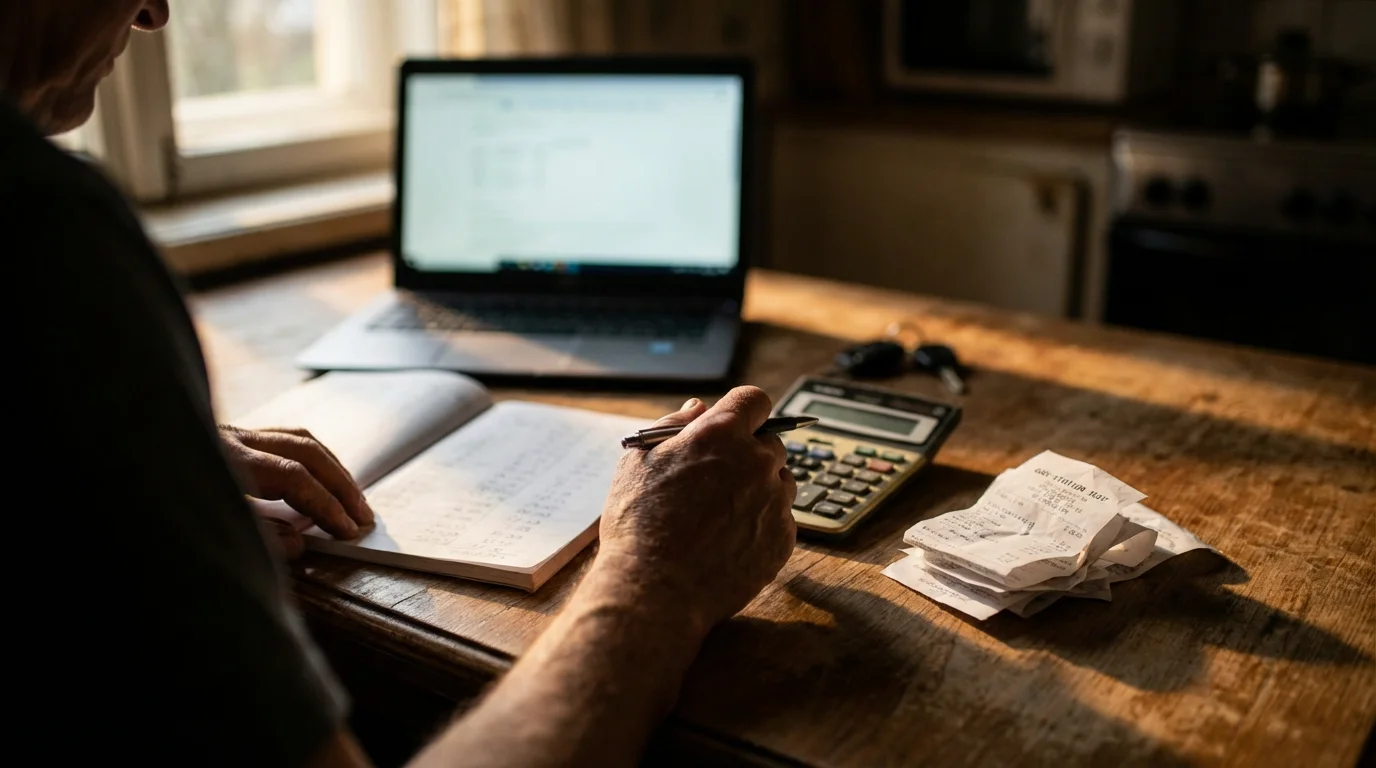 Over-the-shoulder view of a rideshare driver calculating their business expenses at a desk.