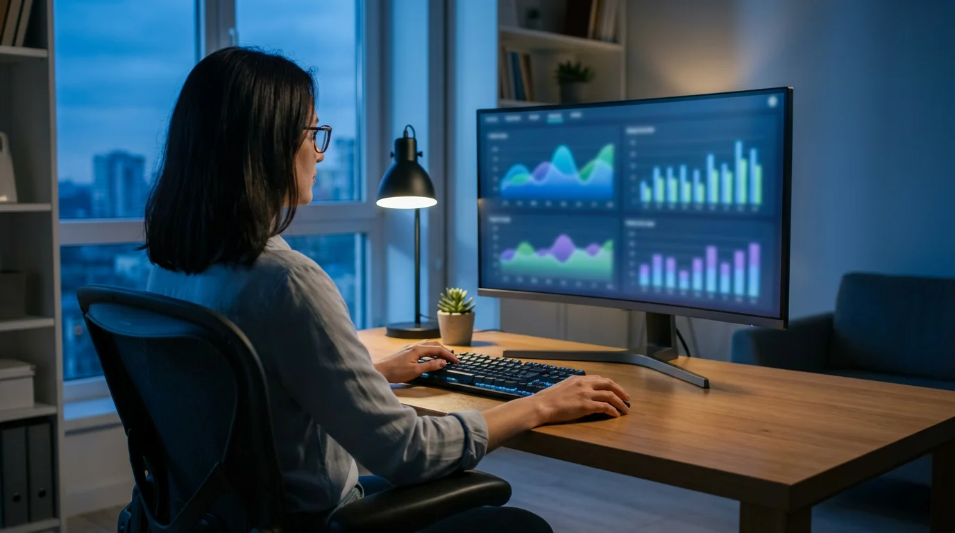 Over-the-shoulder view of a woman at her desk planning personal finances on a computer.