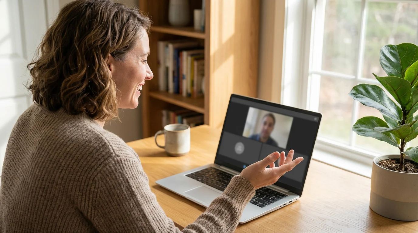 Over-the-shoulder view of a woman having a friendly video call on her laptop.