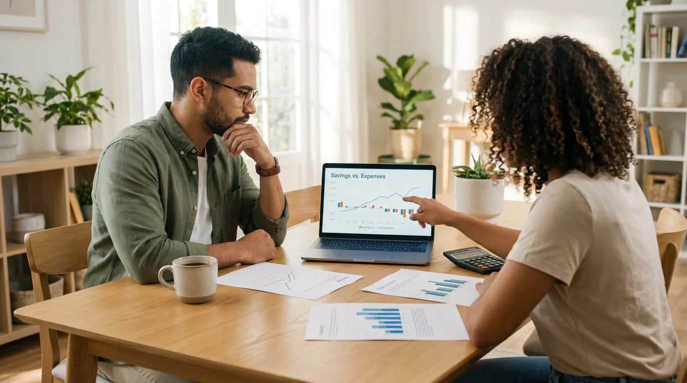 Over-the-shoulder view of a young couple at a dining table planning with a laptop.